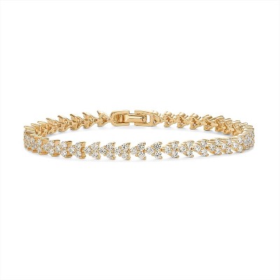 14K-18K Gold Plated Simulated Diamonds Bezel Set Tennis - Round Pear Heart Statement Bride Gold Bracelet Stack - Sizes 6.5-7.5 Inch