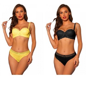 Allegra K Women's Lace Balconette Underwire Bras Padded Bra and Panty Set 2 Packs - 1 of 4