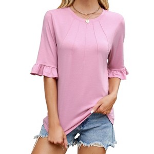 Women's Crew Neck Ruffle Sleeve Top, Half - Sleeve Pleated T - Shirt, Casual Flowy Tee - 1 of 4