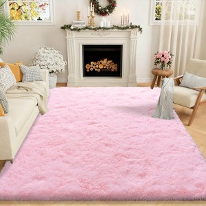 Grass Green Fluffy Shag Area Rug with Non-Slip Base & 4 Reusable Stickers, Soft Plush Mat - 1 of 4