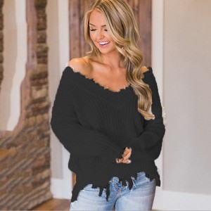 Coolmee Women's Loose Knitted Off The Shoulder Sweater Solid V Neck Long Sleeve Pullover Ripped Crop Top - 1 of 3