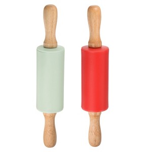 Unique Bargains Silicone Smooth Non-Stick Wooden Handle Kitchen Rolling Pin 2 Pcs - 1 of 4