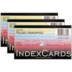 Roaring Spring Paper Products Index Cards, 3" x 5", Ruled, Assorted Colors, 100 Per Pack, 3 Packs - 1 of 3