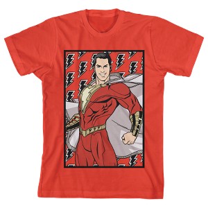 Shazam! Movie Character And Lightning Bolt Pattern Crew Neck Short Sleeve Red Boy's T-shirt - 1 of 3