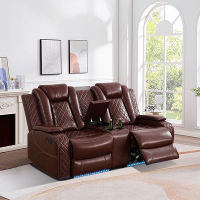 MAYEERTY Power Reclining Loveseat Sofa, Electric 2-Seat Leather Recliner with USB Charging, Storage & Cup Holders for Living Room, Brown