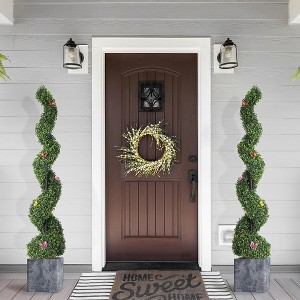 Set of 2 – 5ft Artificial Boxwood Spiral Topiary Trees with Insect Decorations – UV-Resistant Evergreen Faux Plants for Indoor & Outdoor Decor - 1 of 4