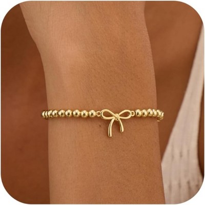 Gold Bracelets for Women 14K Gold Plated Beaded Bracelets Gold Stretch Bead Bracelet Handmade Ball Charm Bracelet