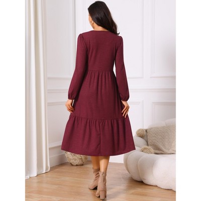 Женские платья INSPIRE CHIC Women's Fall Long Sleeve Round Neck Tiered Casual Knit A-Line Midi Dress with Pockets Burgundy Small — фото 3