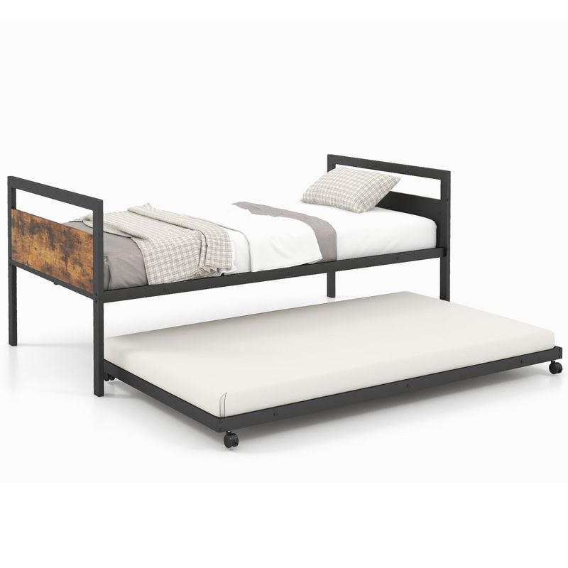 Costway Twin Metal Daybed with Trundle Lockable Wheels Heavy Duty Metal Slats Support, 1 of 11