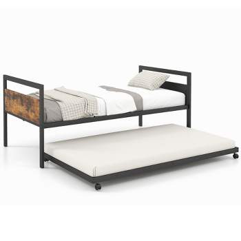 Costway Twin Metal Daybed with Trundle Lockable Wheels Heavy Duty Metal Slats Support