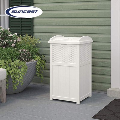 White Wicker Resin Outdoor Hideaway Trash Can Bin with Latching Lid, 33 Gallon, Set of 2