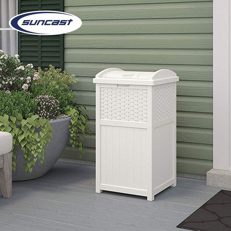 Suncast Wicker Resin Outdoor Hideaway Trash Can Bin with Latching Lid for Use in Backyard, Deck, or Patio, White (2 Pack), 5 of 7