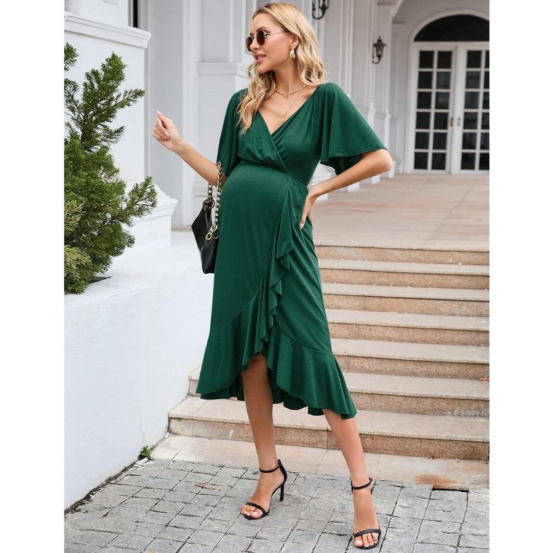 Maternity Dress V Neck Summer Wrap Ruffle Sleeve Pregnancy Midi Dresses Photoshoot, 4 of 8