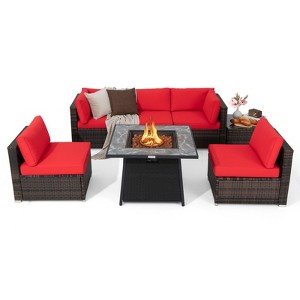 Tangkula Set of 7 Patio Furniture Set w/ 35" Propane Gas Fire Pit Table & Waterproof Cover - 1 of 4