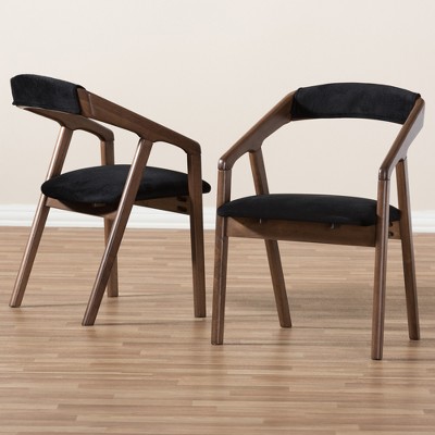 Elegant Mid-Century Modern Black Velvet and Walnut Wood Dining Chairs, Set of 2