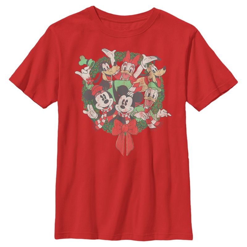 Boy's Mickey & Friends Christmas Distressed Group Wreath T-Shirt, 1 of 5