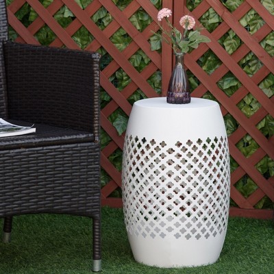 White Steel Round Patio End Table with Hollow Drum Design