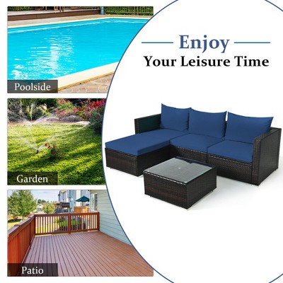 Navy and Brown Steel 5-Piece Patio Rattan Sectional Sofa Set