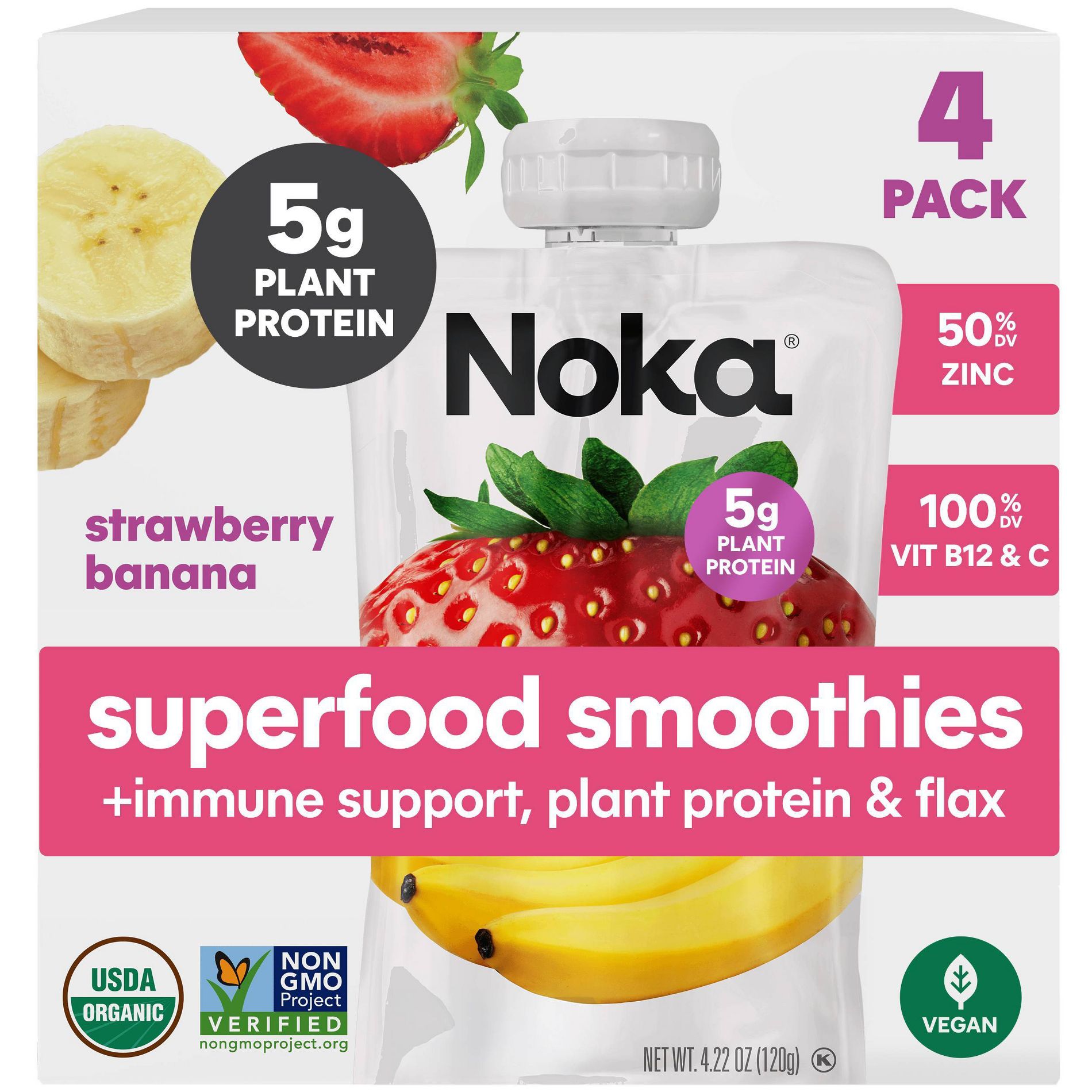 NOKA Organic Superfood Smoothie Strawberry Banana + Immune Support Pouches - 16.9oz/4pk