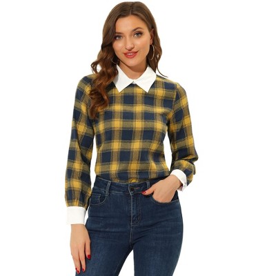 Allegra K Women's Contrast Turndown Collar Button Back Check Plaid Work Shirt