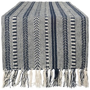 Design Imports  Braided Stripe Jacquard Fringe Table Runner, 15X72", Navy Blue - 1 of 4