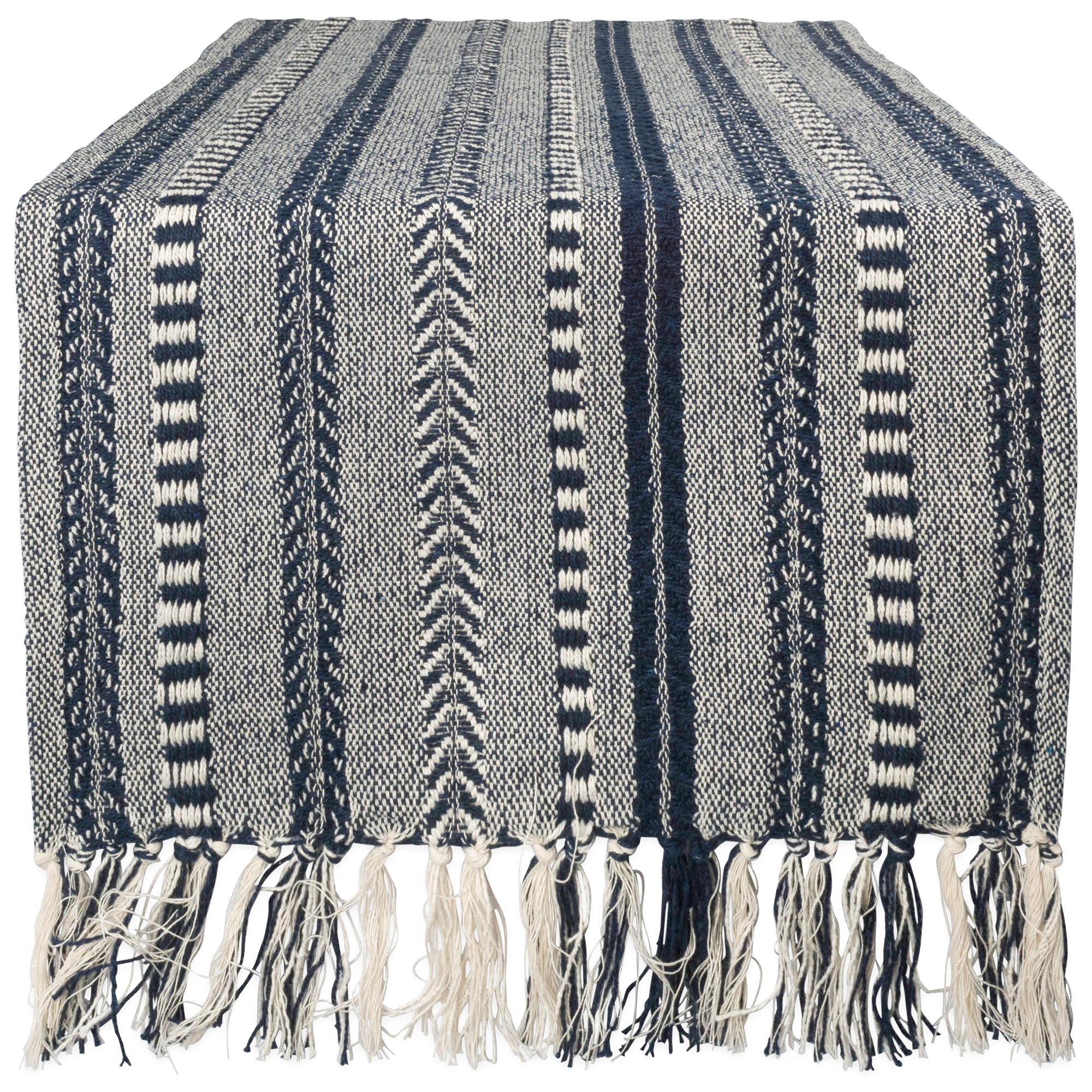 Design Imports Braided Stripe Jacquard Fringe Table Runner, 15X72", Navy Blue
