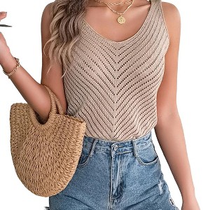 Women's V Neck Sleeveless Tank Tops Sweater Vest Crochet Hollow Out Summer Causal Knitted Top - 1 of 4
