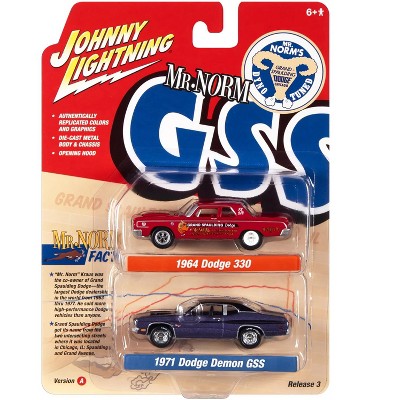 1964 Dodge 330 Red and 1971 Dodge Demon GSS Plum Crazy with Black Top and Stripes 1/64 Diecast Model Cars by Johnny Lightning