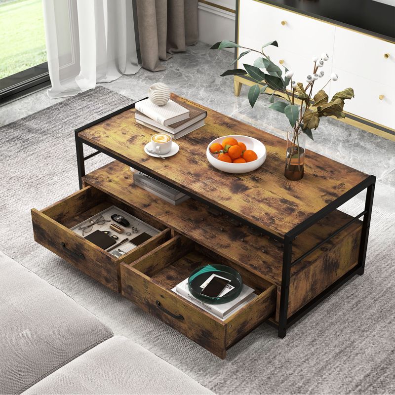 Tangkula Coffee Table w/ Storage Drawers & Shelf Rectangular Industrial Home Tea Table Heavy-duty Metal Frame Center Cocktail Table, 2 of 8