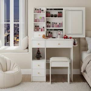 FONTOI 29.2"W/37"W/41"W Makeup Vanity Table Desk with Mirror Left Bedside Cabinet Stool Dresser Set for Woman Bedroom Dressing Room, Black/White - 1 of 4