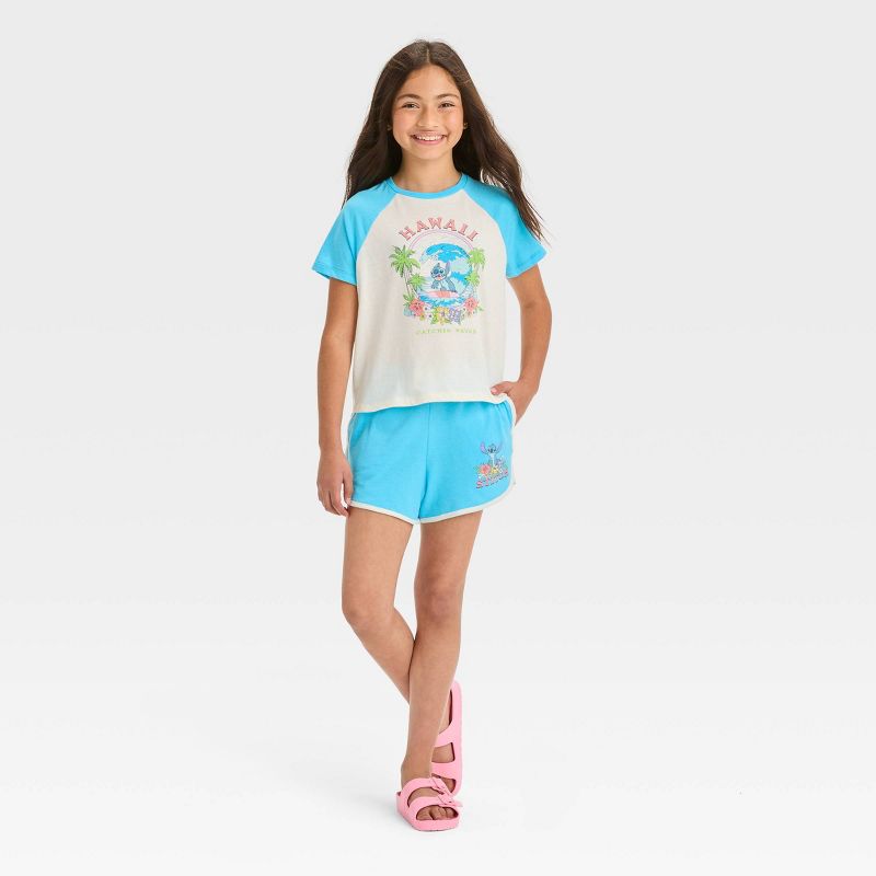 Girls&#39; Disney Stitch 2pc Catching Waves Top and Bottom Set - Turquoise Blue, 1 of 5