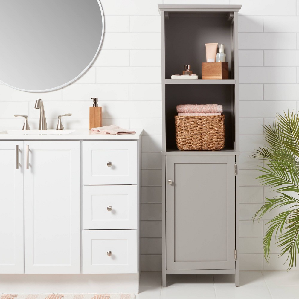 Photos - Wardrobe Wood Linen Tower Gray - Threshold™: Hardwood Etagere with 3 Shelves, Bathroom Organizer, 62.5" Tall