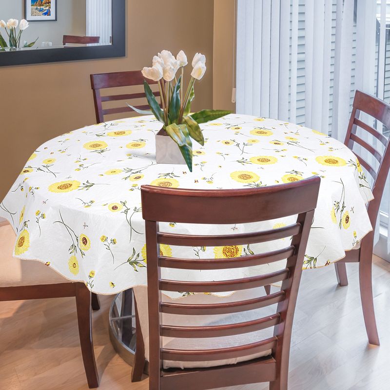 70" Dia Round Vinyl Water Oil Resistant Printed Tablecloths Yellow Sunflower - PiccoCasa, 4 of 5