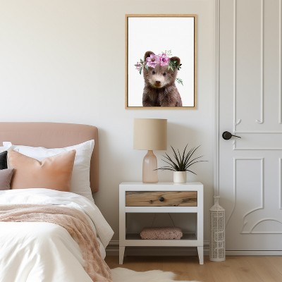 Flower Crown Bear Framed Canvas Wall Art for Nursery, 18x24 Natural