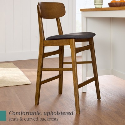 Walnut and Charcoal Upholstered Wood Counter Height Bar Stools, Set of 2