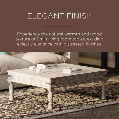Emin Natural Mango Wood Rectangular Coffee Table with Carved Details