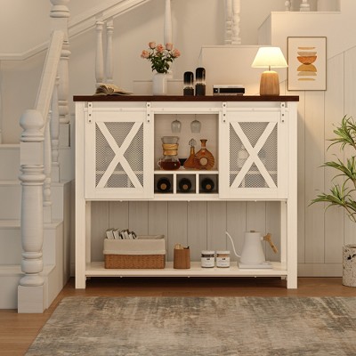 Farmhouse Bar Cabinet with Wine Glass Rack - Buffet Sideboard with Barn Door for Kitchen, Dining & Living Room