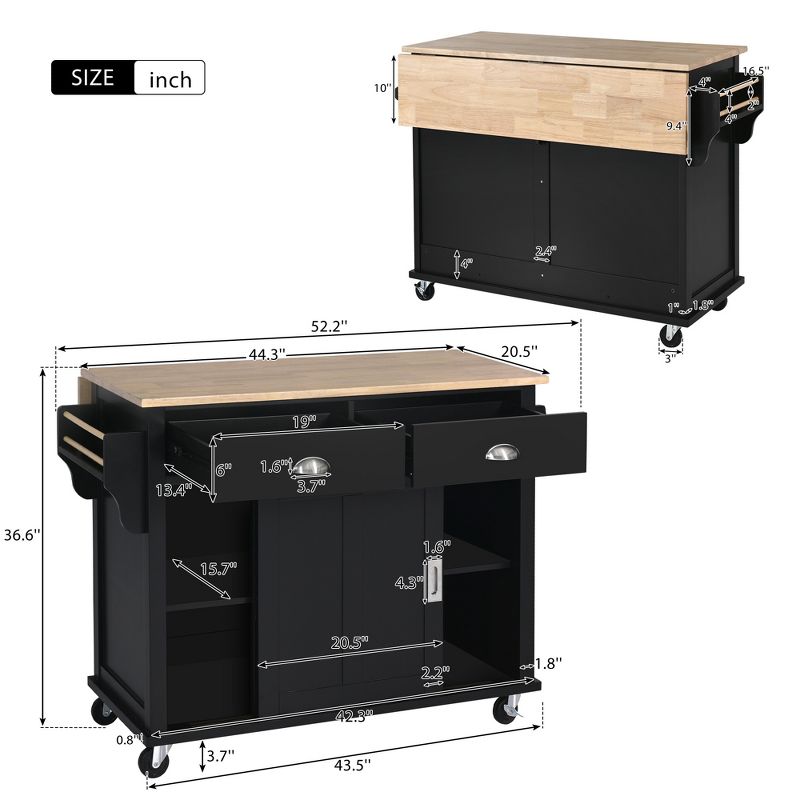 Drop-Leaf Countertop Kitchen Island, Kitchen Cart with Concealed Sliding Barn Door, Adjustable Shelf, 4 Wheels and 2 Drawers-ModernLuxe, 3 of 14