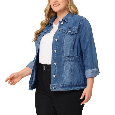 Agnes Orinda Women's Plus Size Classic Denim Washed Front Long Sleeve Casual Jean Jackets