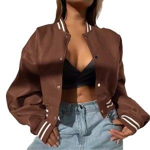 Women's Fashion Leather Motorcycle Jacket Snap Button Down Outfits Ribbed Cuff Baseball Collar Cropped Coats Fall Winter Clothes - 1 of 3