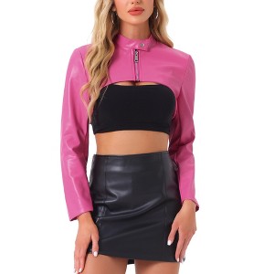 INSPIRE CHIC Women's Faux Leather Cropped Stand Collar Zipper Front Moto Biker Long Sleeve Jacket - 1 of 4