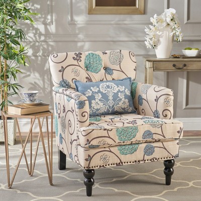 SKRAN Fabric Tufted Club Chair, White Blue for Living Room, Bedroom, Home, Office, White Blue
