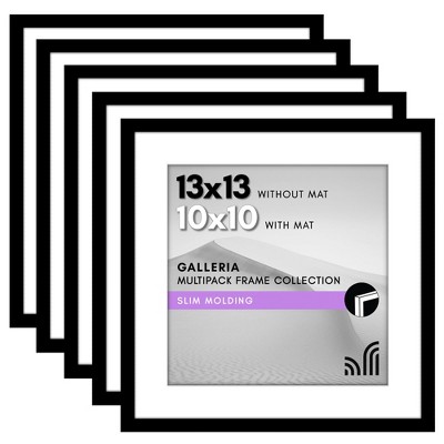 Americanflat 13x13 Picture Frame with Polished Plexiglass - Set of 5 - Use as 10x10 with Mat or 13x13 Without Mat - Galleria - Square Frames - Black