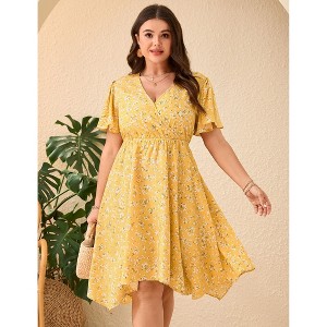 Garvee Women Plus Size Wrap V Neck Midi Dress Short Sleeves High Waist Irregular Hem Summer Casual Dress - 1 of 4