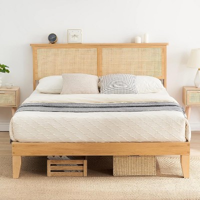 Bohemian Platform Bed Frame with Rattan Storage Headboard, Adjustable Lights, Solid Wood Support, No Box Spring Needed, Noise-Free