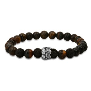 Steeltime  men's tiger eye, black lava and sterling silver skull beaded stretch bracelet - 1 of 3