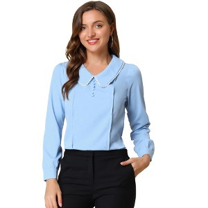 INSPIRE CHIC Women's Peter Pan Collar Crochet Trim Long Sleeve Work Office Blouse - 1 of 4