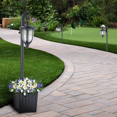Black Solar Lamp Post with Planter and Crackle Glass Shade