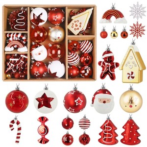 Aoibox 65pcs Christmas Ornaments Set Shatterproof Baubles Gingerbread House Tree Topper Hanging Decor for Xmas Tree Gold Red White - 1 of 4