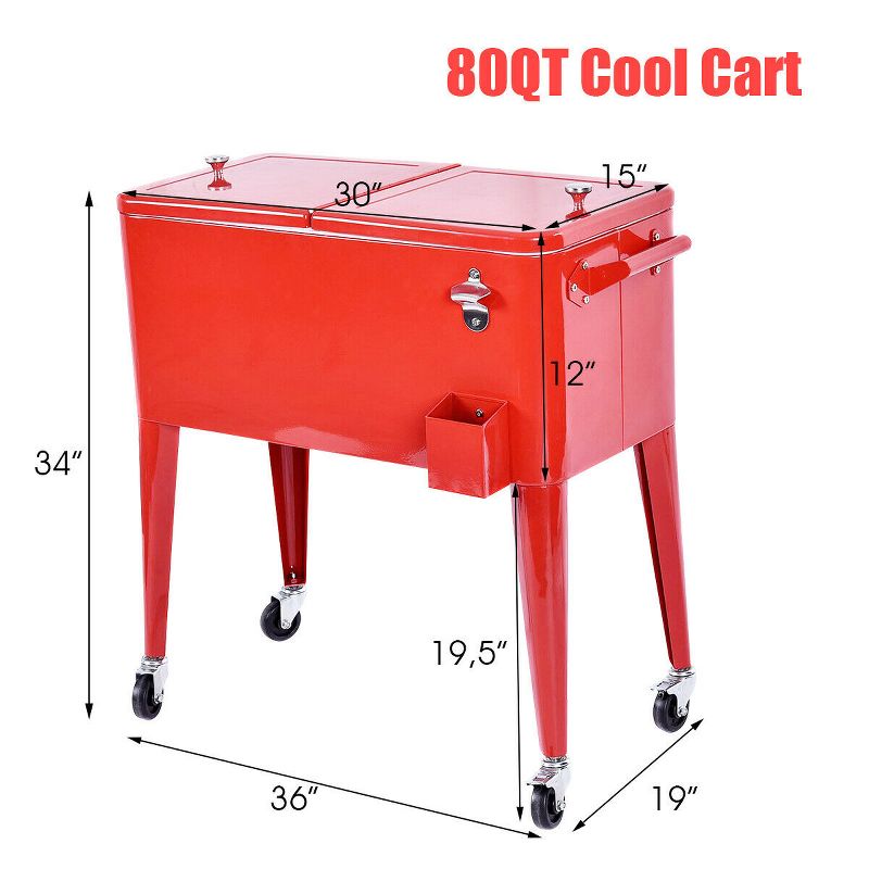Costway Red Outdoor Patio 80 Quart Cooler Cart Ice Beer Beverage Chest Party Portable, 2 of 11